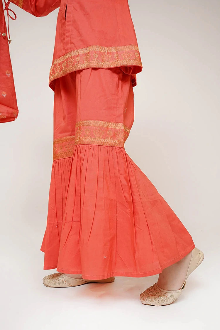 Picture of Senorita - Kids Casual Dress - Casual Plus 3 Piece Suit - Cotton Plain with Banarsi Borders - KBD-03450 - Available at Raja Sahib