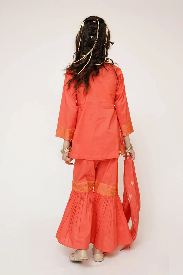 Picture of Senorita - Kids Casual Dress - Casual Plus 3 Piece Suit - Cotton Plain with Banarsi Borders - KBD-03450 - Available at Raja Sahib