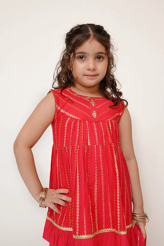 Picture of Senorita - Kids Eid Dress - Shocking Pink & Gold - Casual Plus 3 Piece Suit - KBD-03458 - Available at Raja Sahib