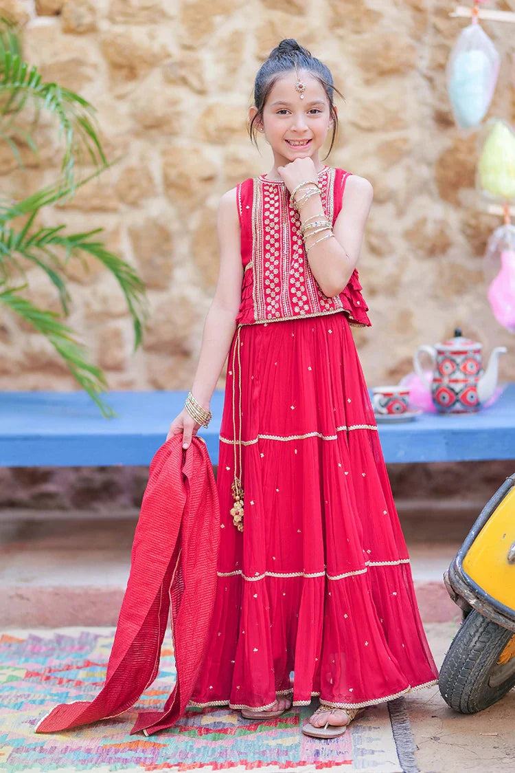 Picture of KDD-02755 | Red & Gold | Formal 3 Piece Suit | Crinkle Chiffon Fancy Fabric - Available at Raja Sahib