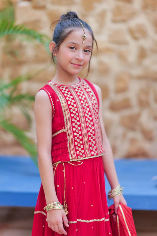 Picture of KDD-02755 | Red & Gold | Formal 3 Piece Suit | Crinkle Chiffon Fancy Fabric - Available at Raja Sahib