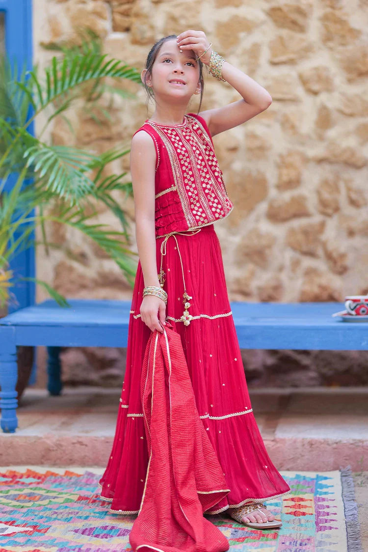 Picture of KDD-02755 | Red & Gold | Formal 3 Piece Suit | Crinkle Chiffon Fancy Fabric - Available at Raja Sahib