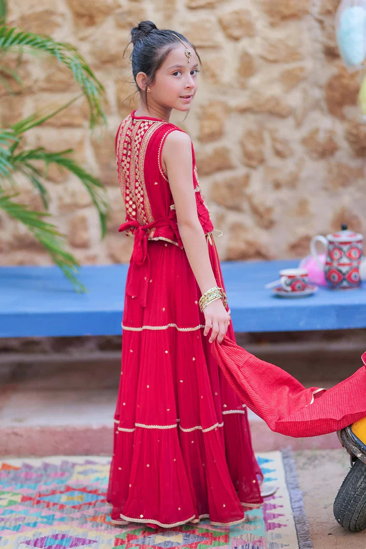 Picture of KDD-02755 | Red & Gold | Formal 3 Piece Suit | Crinkle Chiffon Fancy Fabric - Available at Raja Sahib