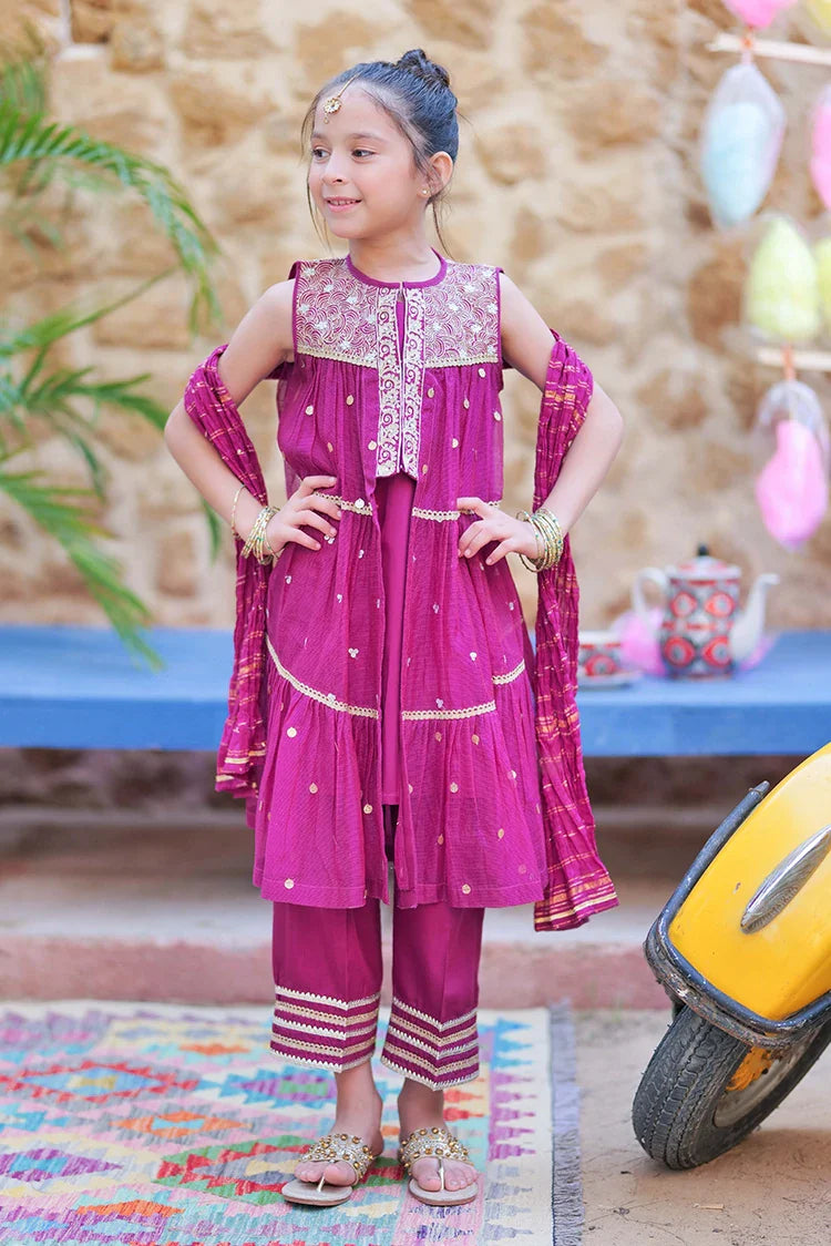 Picture of KDD-02759 | Magenta & Gold | Formal 3 Piece Suit | Bori Net Fancy Fabric - Available at Raja Sahib