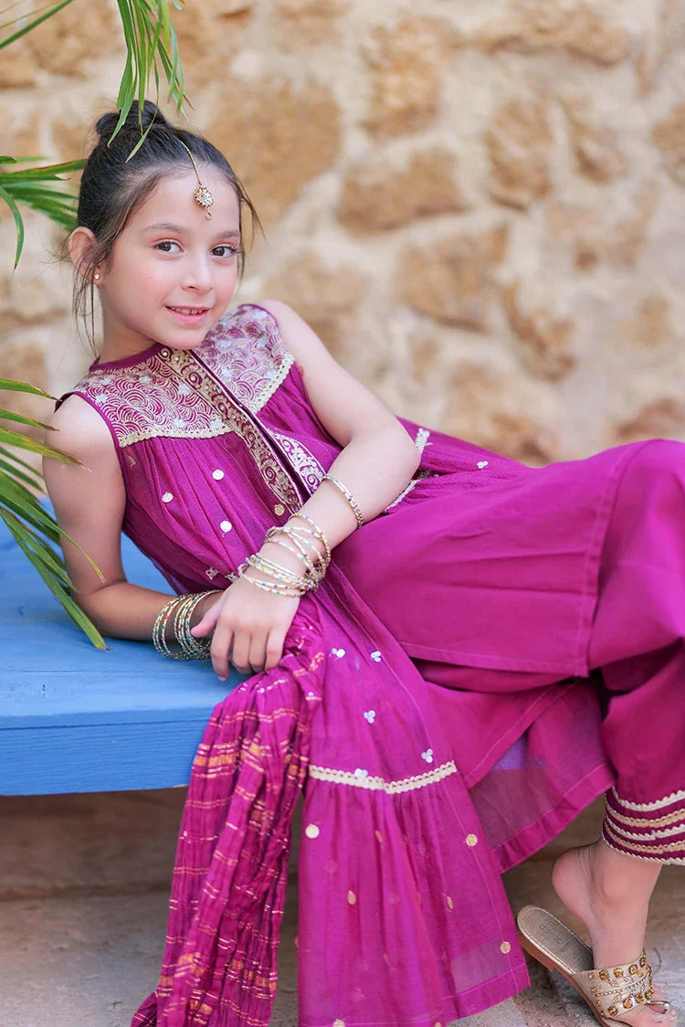 Picture of KDD-02759 | Magenta & Gold | Formal 3 Piece Suit | Bori Net Fancy Fabric - Available at Raja Sahib