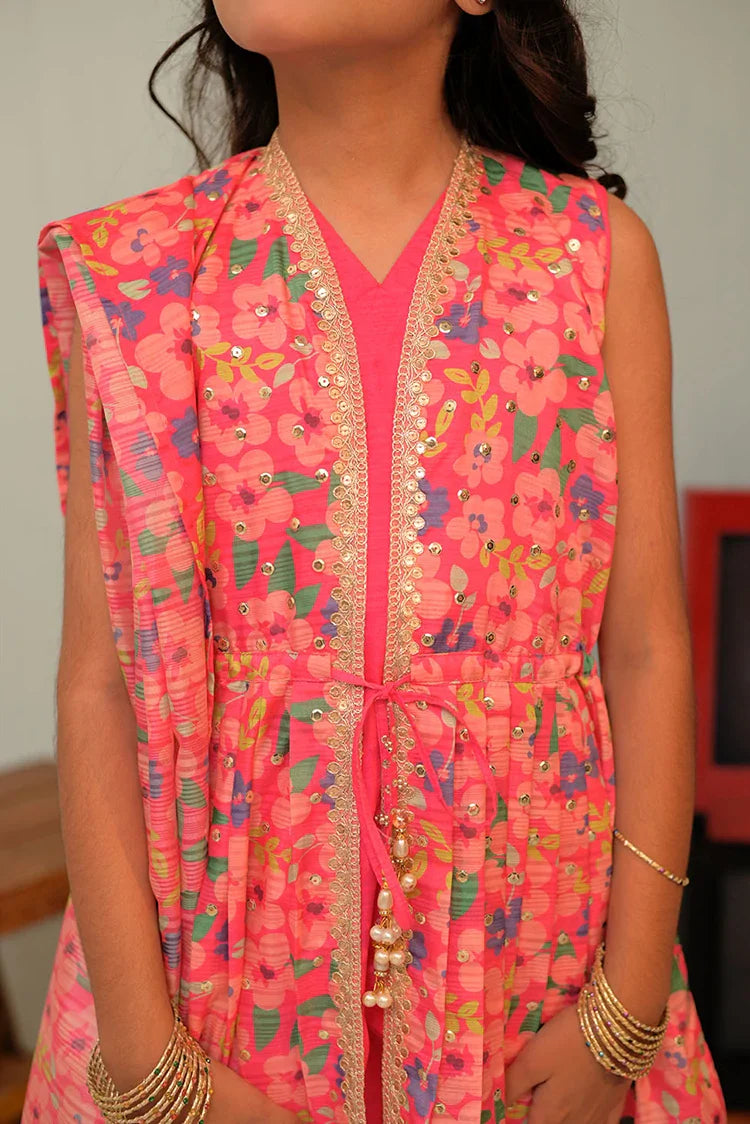 Picture of KDD-02870 | Shocking Pink & Multicolor | Formal 3 Piece Suit | Taser Silk - Available at Raja Sahib