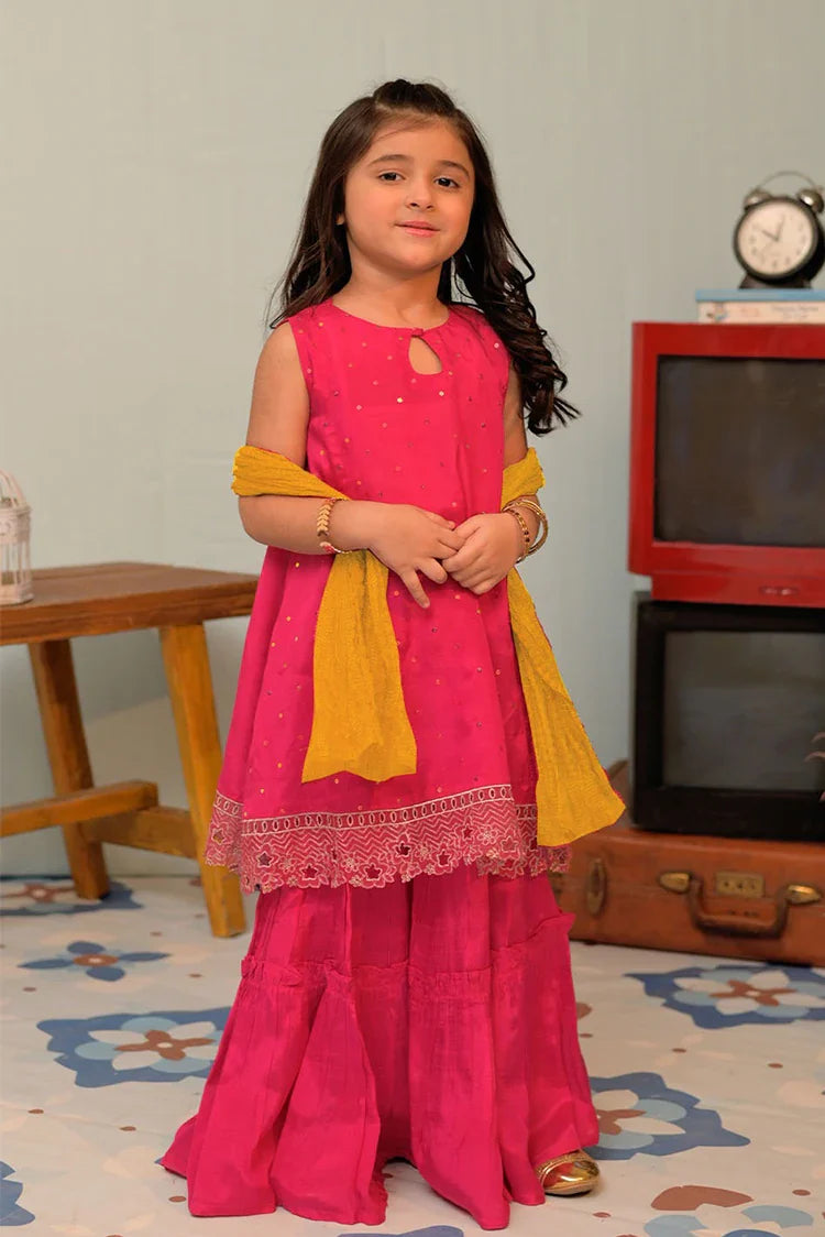 Picture of KDD-02947 | Shocking Pink & Gold | Formal 3 Piece Suit | Viscose Raw Silk - Available at Raja Sahib