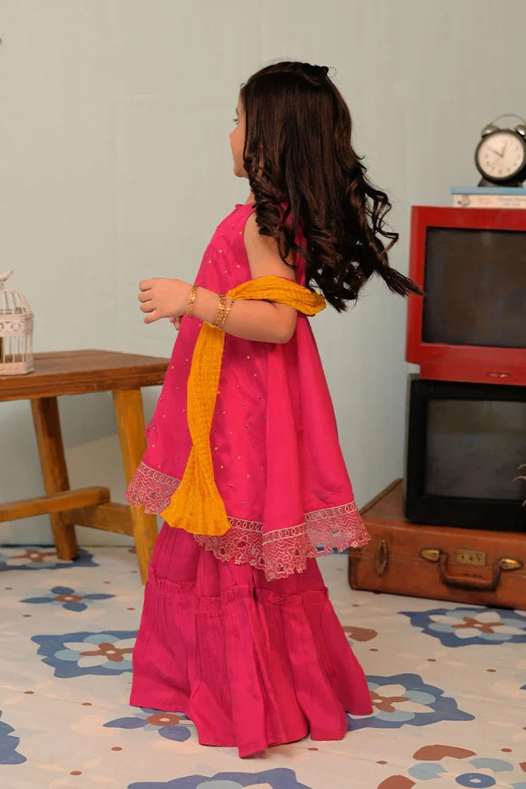 Picture of KDD-02947 | Shocking Pink & Gold | Formal 3 Piece Suit | Viscose Raw Silk - Available at Raja Sahib