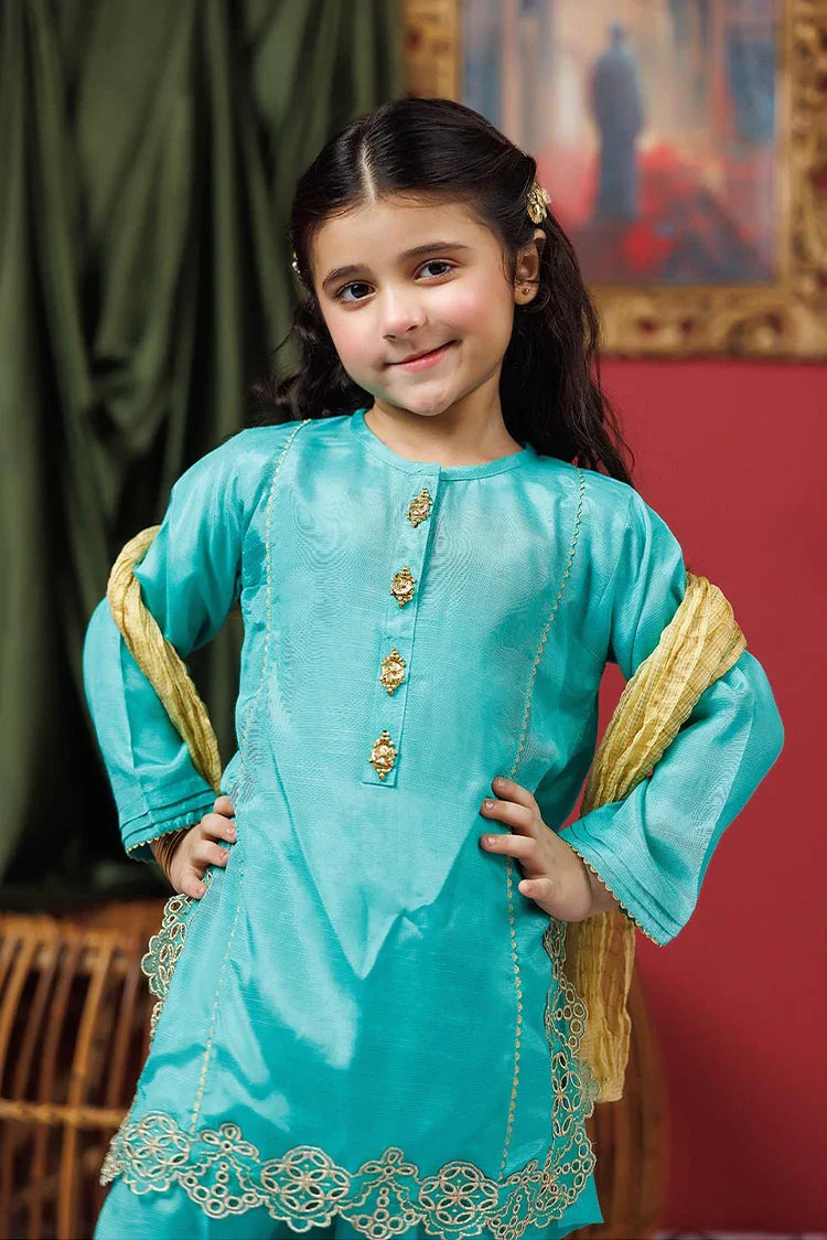 Picture of KDD-02948 | Sea Green & Gold | Formal 3 Piece Suit | VIscose Raw Silk - Available at Raja Sahib