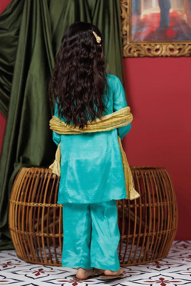 Picture of KDD-02948 | Sea Green & Gold | Formal 3 Piece Suit | VIscose Raw Silk - Available at Raja Sahib
