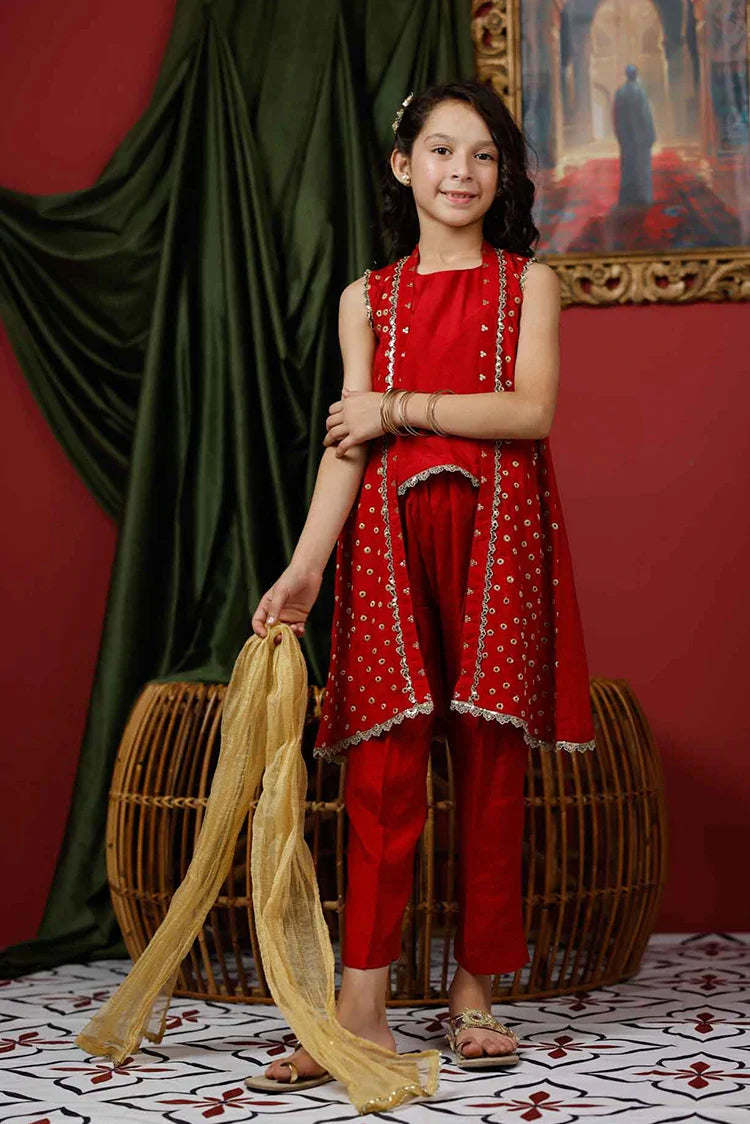 Picture of KDD-03017 | Red & Gold | Formal 3 Piece Suit | Viscose Raw Silk - Available at Raja Sahib