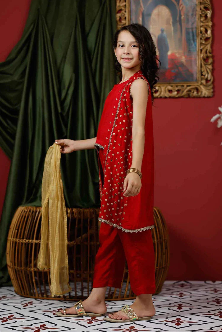 Picture of KDD-03017 | Red & Gold | Formal 3 Piece Suit | Viscose Raw Silk - Available at Raja Sahib