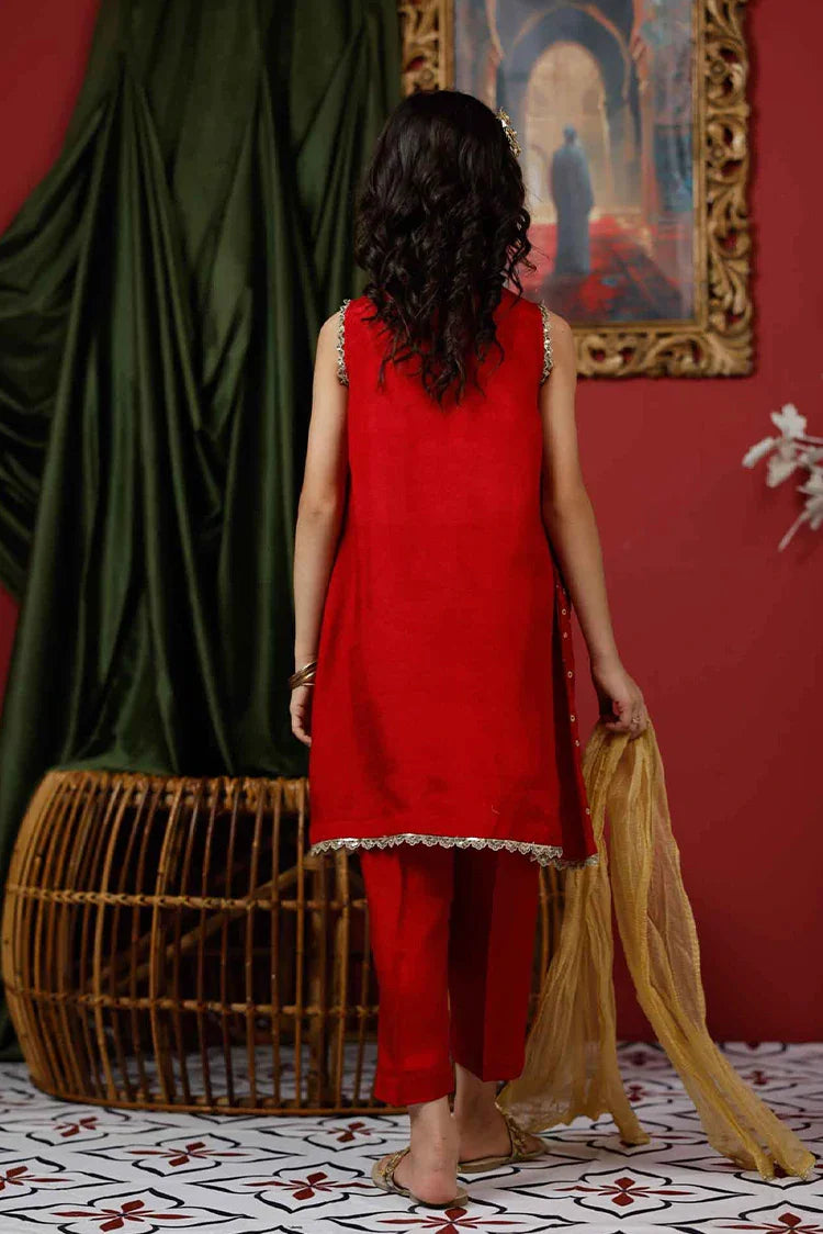 Picture of KDD-03017 | Red & Gold | Formal 3 Piece Suit | Viscose Raw Silk - Available at Raja Sahib