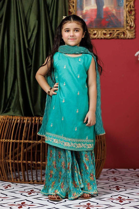 Picture of KDD-03020 | Turquoise Green & Multicolor | Formal 3 Piece Suit | Viscose Raw Silk - Available at Raja Sahib