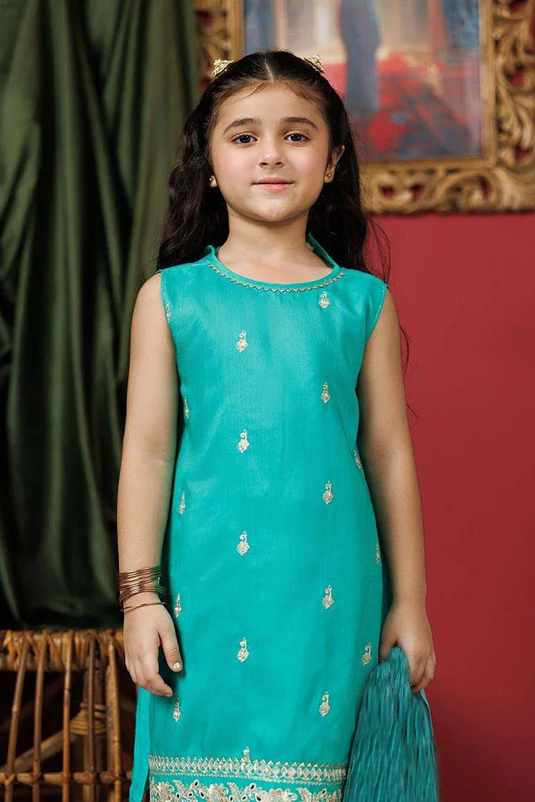 Picture of KDD-03020 | Turquoise Green & Multicolor | Formal 3 Piece Suit | Viscose Raw Silk - Available at Raja Sahib