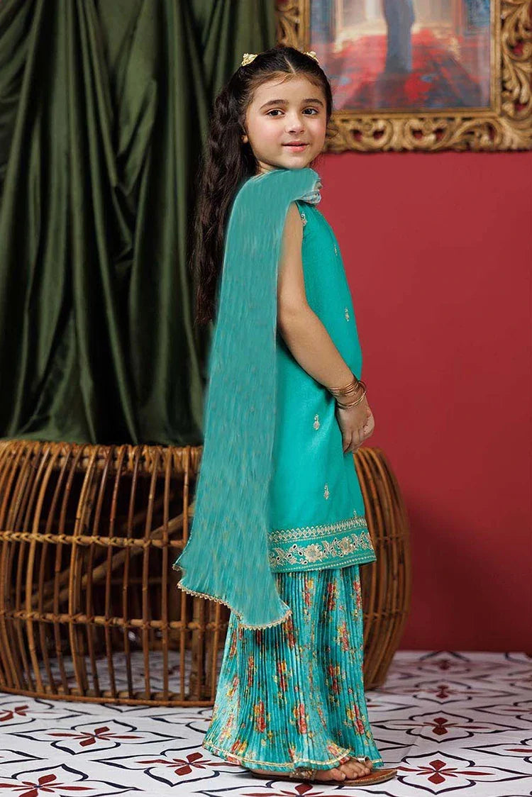 Picture of KDD-03020 | Turquoise Green & Multicolor | Formal 3 Piece Suit | Viscose Raw Silk - Available at Raja Sahib