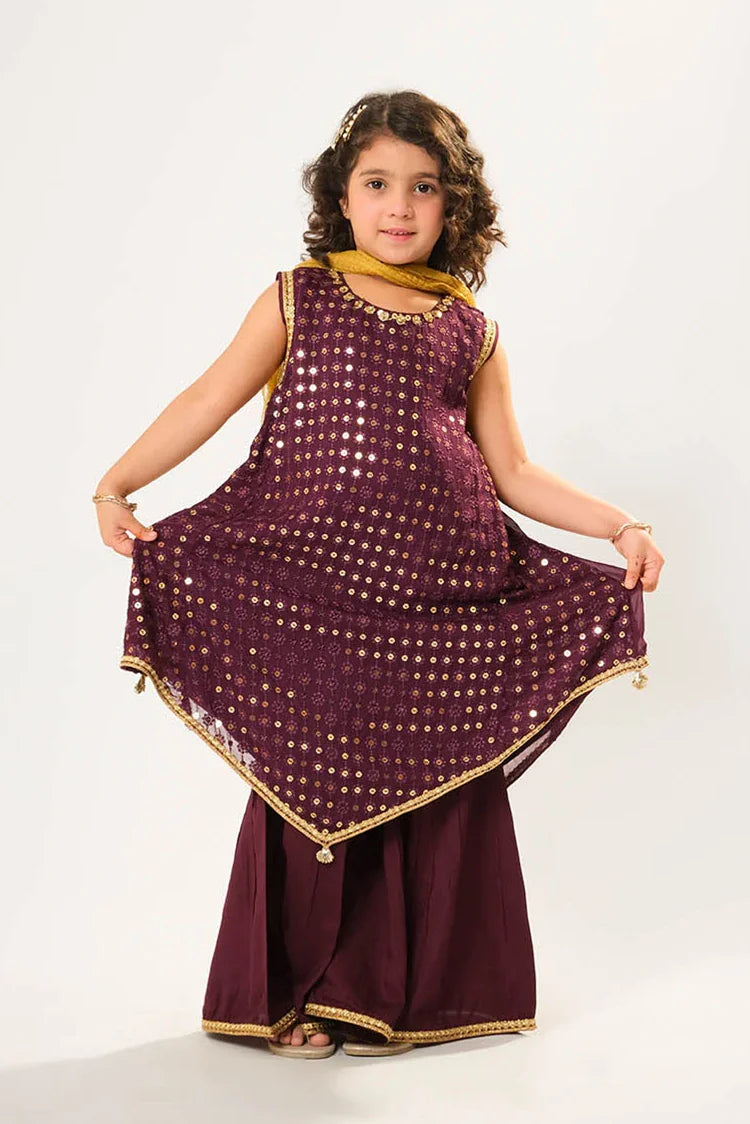 Picture of Kids formal clothes | Magenta & Gold | Formal 3 Piece Suit | Viscose Crinkle Chiffon | KDD-03049 - Available at Raja Sahib