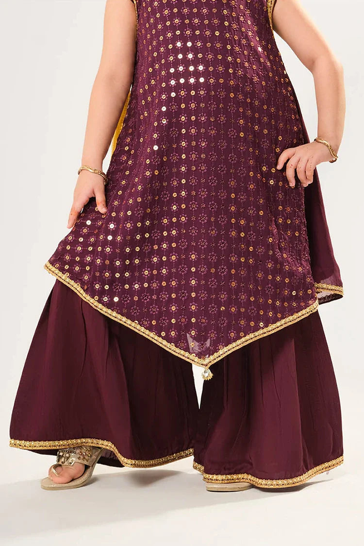 Picture of Kids formal clothes | Magenta & Gold | Formal 3 Piece Suit | Viscose Crinkle Chiffon | KDD-03049 - Available at Raja Sahib