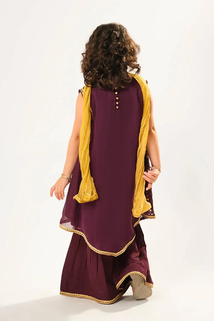 Picture of Kids formal clothes | Magenta & Gold | Formal 3 Piece Suit | Viscose Crinkle Chiffon | KDD-03049 - Available at Raja Sahib