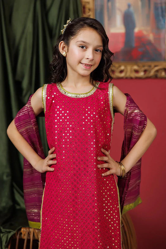 Picture of KDD-03050 | Shocking Pink & Pruple | Formal 3 Piece Suit | Viscose Crinkle Chiffon - Available at Raja Sahib