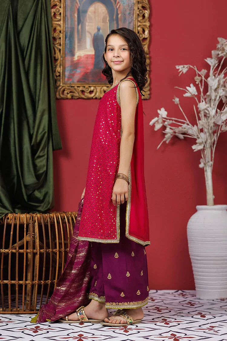 Picture of KDD-03050 | Shocking Pink & Pruple | Formal 3 Piece Suit | Viscose Crinkle Chiffon - Available at Raja Sahib