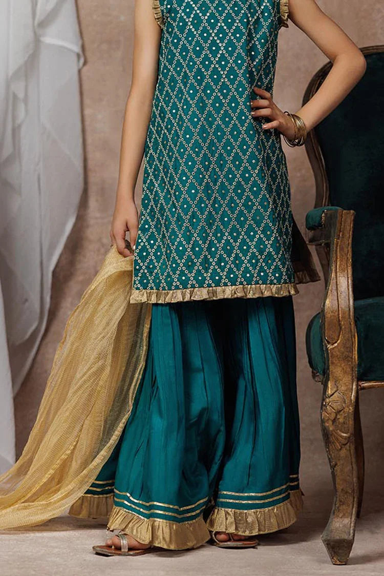 Picture of KDD-03053 | Turquoise Green & Golden | Formal 3 Piece Suit | Viscose Raw-Silk - Available at Raja Sahib