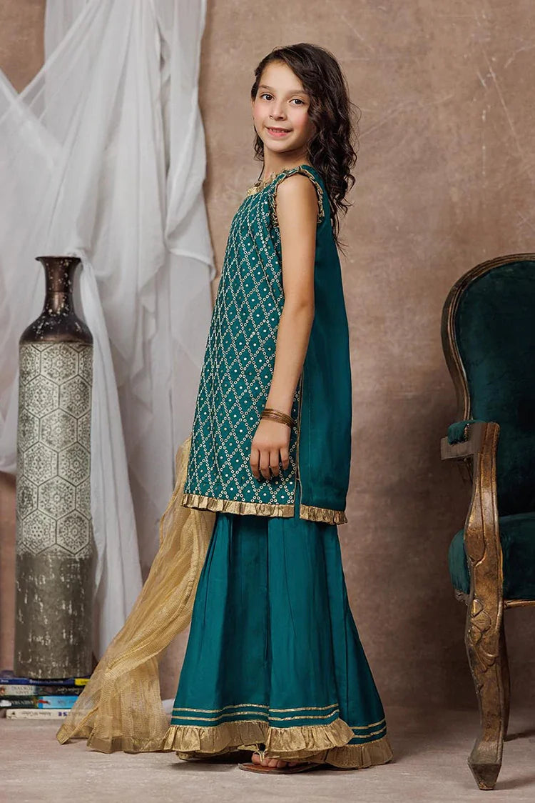 Picture of KDD-03053 | Turquoise Green & Golden | Formal 3 Piece Suit | Viscose Raw-Silk - Available at Raja Sahib