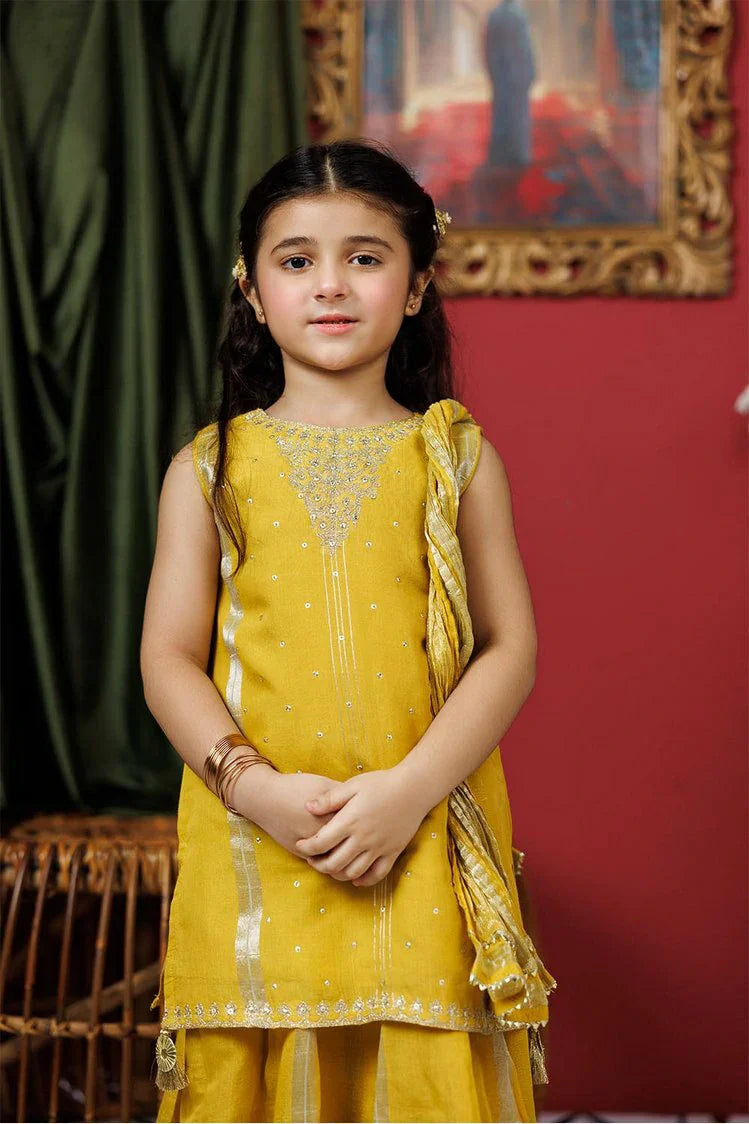 Picture of Kids formal clothes | Mustard & Gold | Formal 3 Piece Suit | Fancy Yarn Cotton Silk | KDD-03054 - Available at Raja Sahib