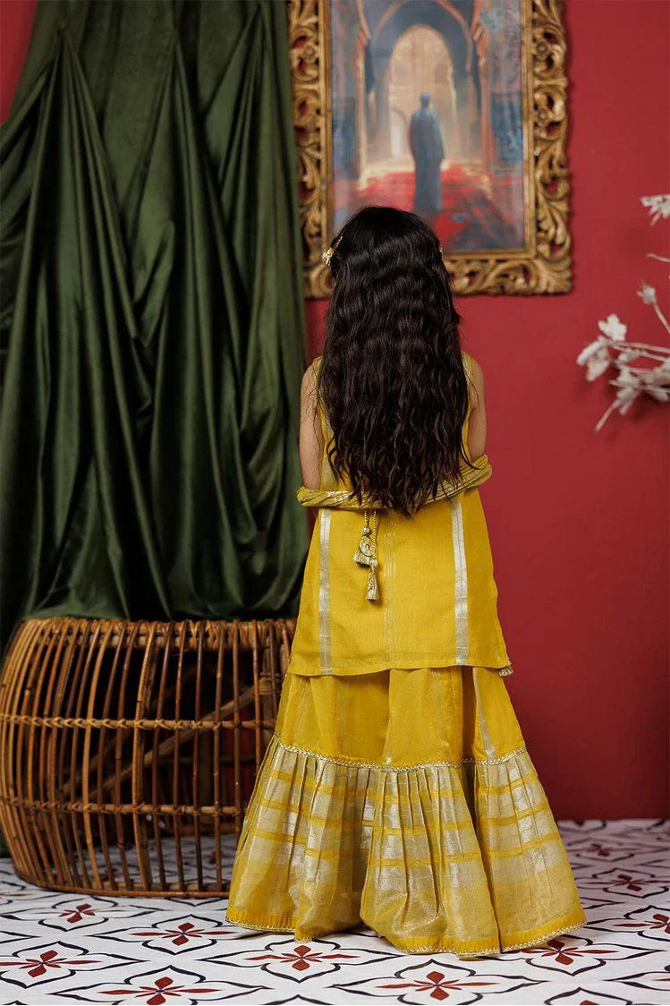 Picture of Kids formal clothes | Mustard & Gold | Formal 3 Piece Suit | Fancy Yarn Cotton Silk | KDD-03054 - Available at Raja Sahib