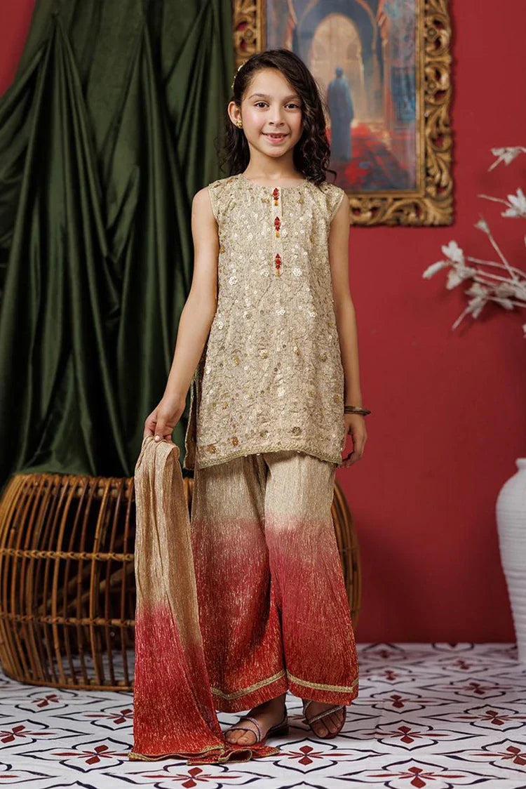 Picture of Kids formal clothes | Beige & Gold | Formal 3 Piece Suit | Polyester Shimmer Crinkle | KDD-03055 - Available at Raja Sahib