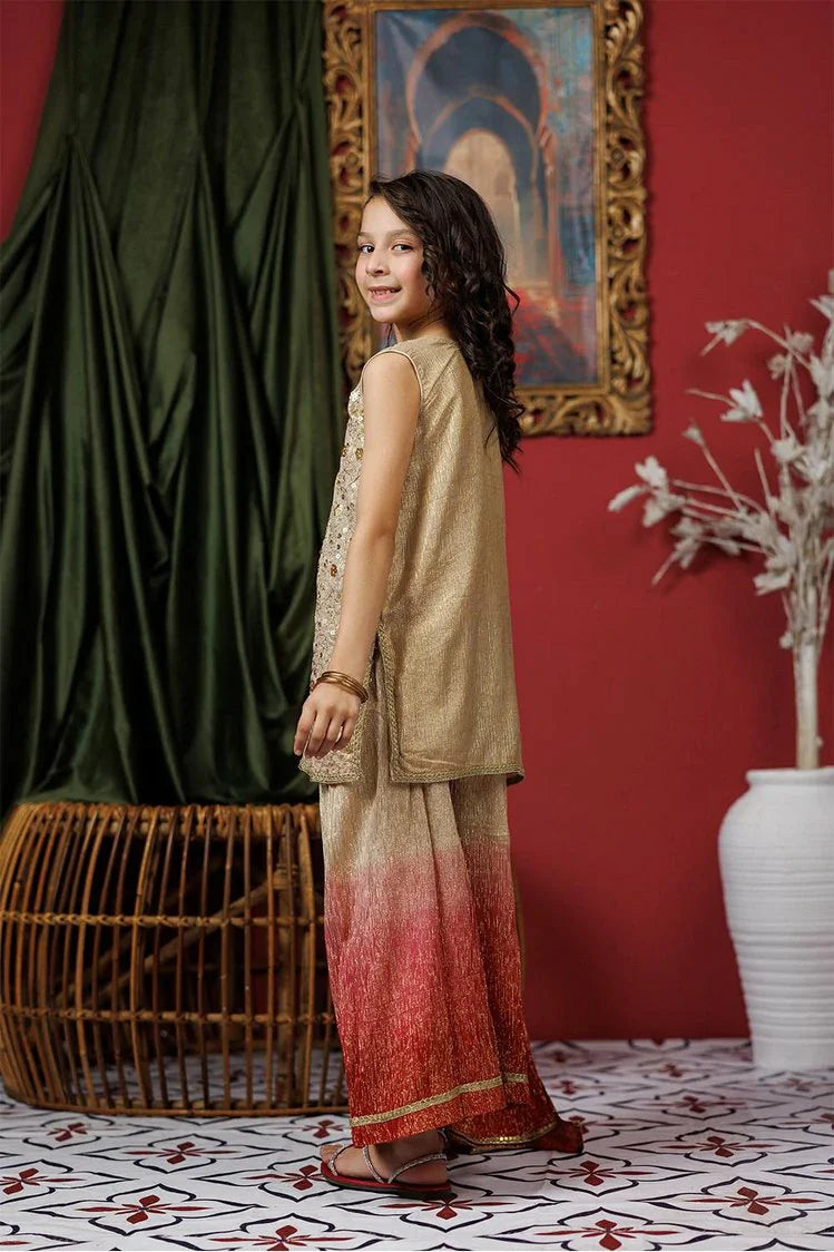 Picture of Kids formal clothes | Beige & Gold | Formal 3 Piece Suit | Polyester Shimmer Crinkle | KDD-03055 - Available at Raja Sahib