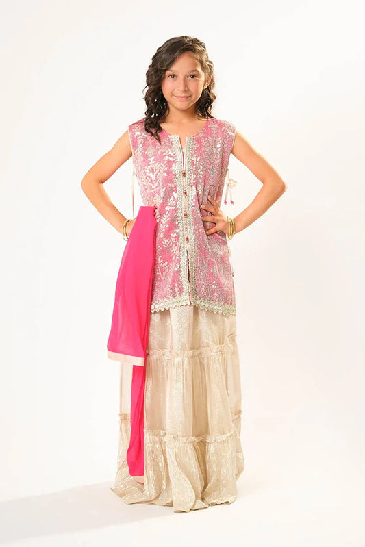 Picture of Kids formal clothes | Shocking Pink & Fawn | Formal 3 Piece Suit | Viscose Chiffon & Organza | KDD-03056 - Available at Raja Sahib