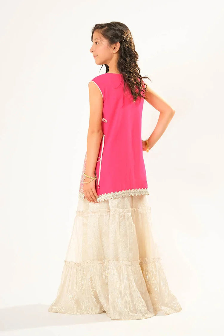 Picture of Kids formal clothes | Shocking Pink & Fawn | Formal 3 Piece Suit | Viscose Chiffon & Organza | KDD-03056 - Available at Raja Sahib