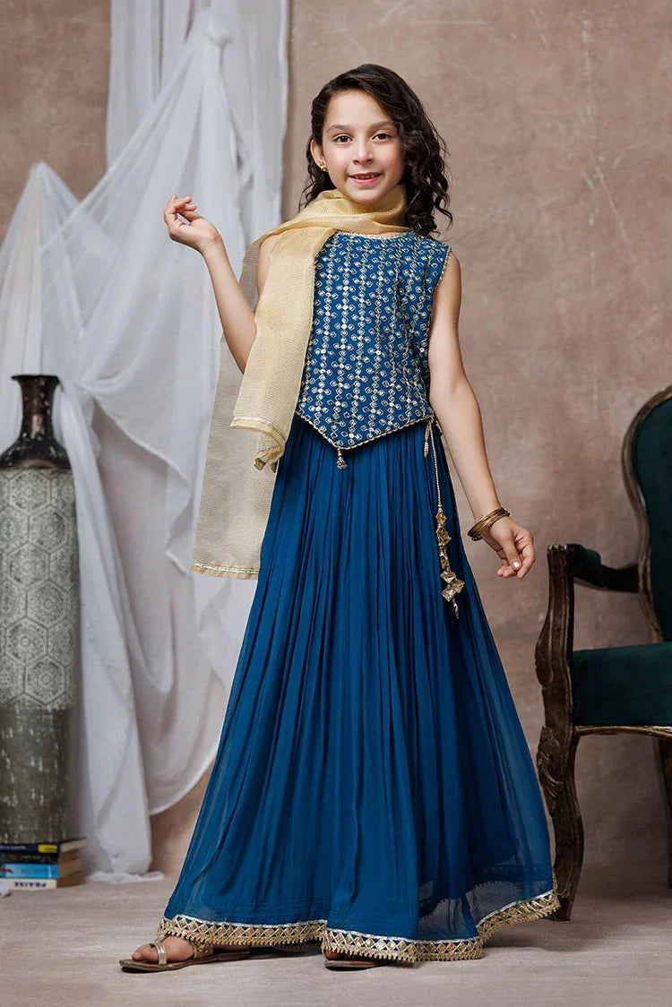 Picture of Kids formal clothes | Turquoise Blue & Golden | Formal 3 Piece Suit | Viscose Crinkle Chiffon | KDD-03065 - Available at Raja Sahib