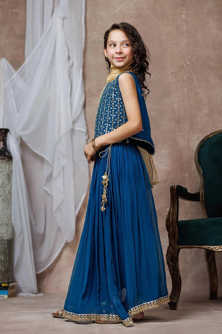 Picture of Kids formal clothes | Turquoise Blue & Golden | Formal 3 Piece Suit | Viscose Crinkle Chiffon | KDD-03065 - Available at Raja Sahib