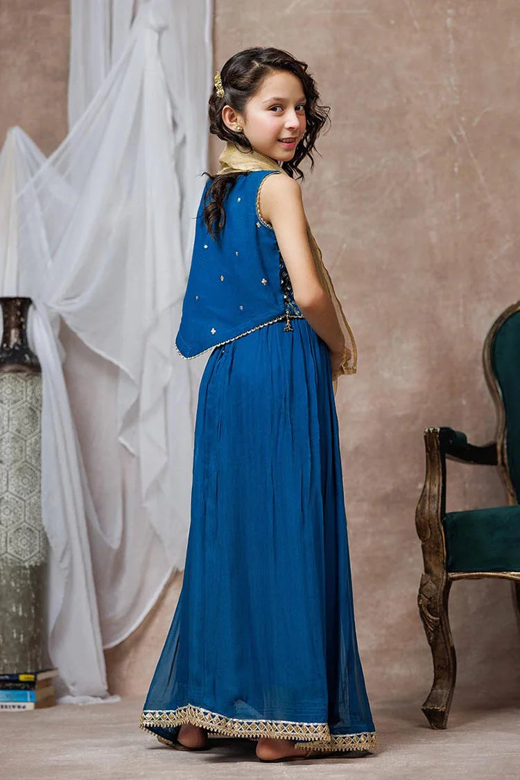 Picture of Kids formal clothes | Turquoise Blue & Golden | Formal 3 Piece Suit | Viscose Crinkle Chiffon | KDD-03065 - Available at Raja Sahib