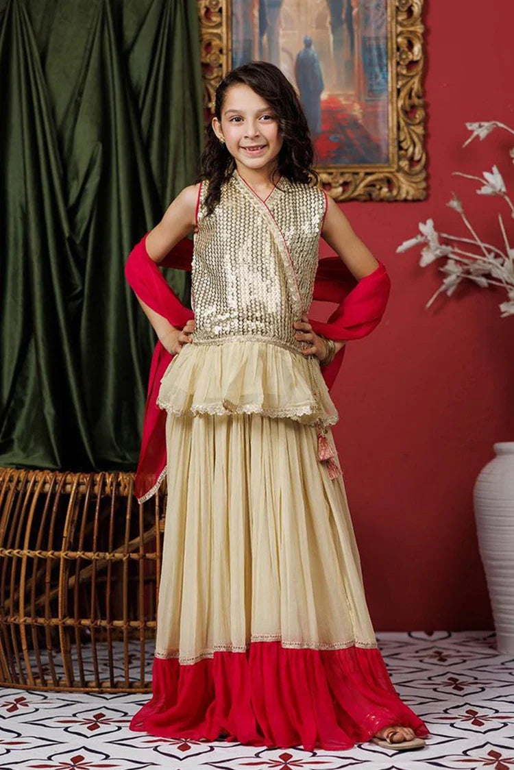 Picture of Kids formal clothes | Fawn & Shocking Pink | Formal 3 Piece Suit | Viscose Crinkle Chiffon | KDD-03066 - Available at Raja Sahib