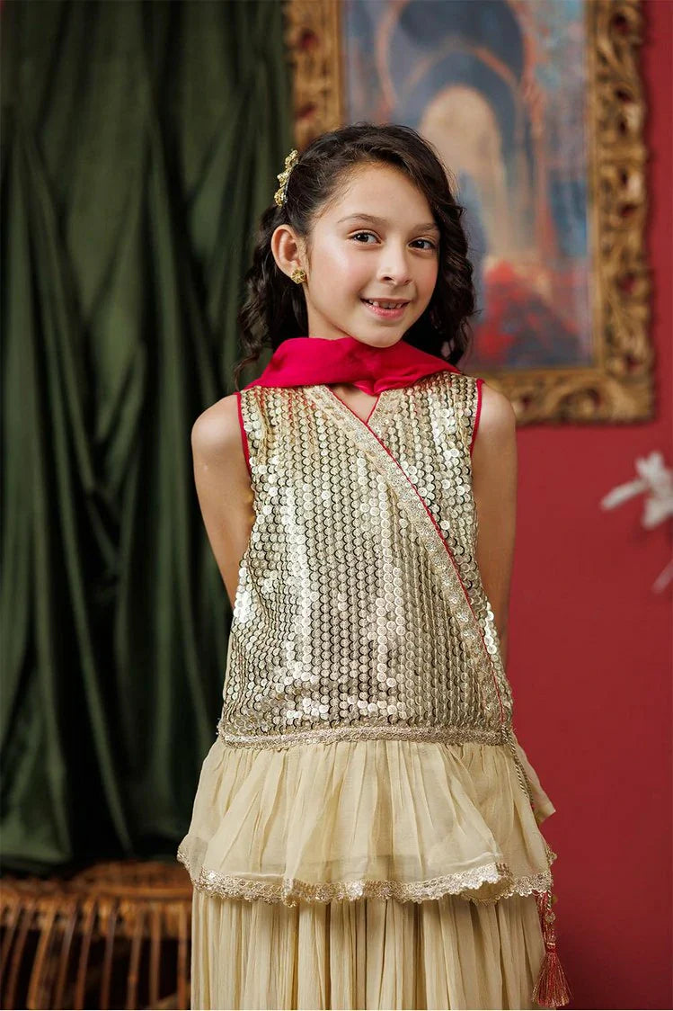 Picture of Kids formal clothes | Fawn & Shocking Pink | Formal 3 Piece Suit | Viscose Crinkle Chiffon | KDD-03066 - Available at Raja Sahib