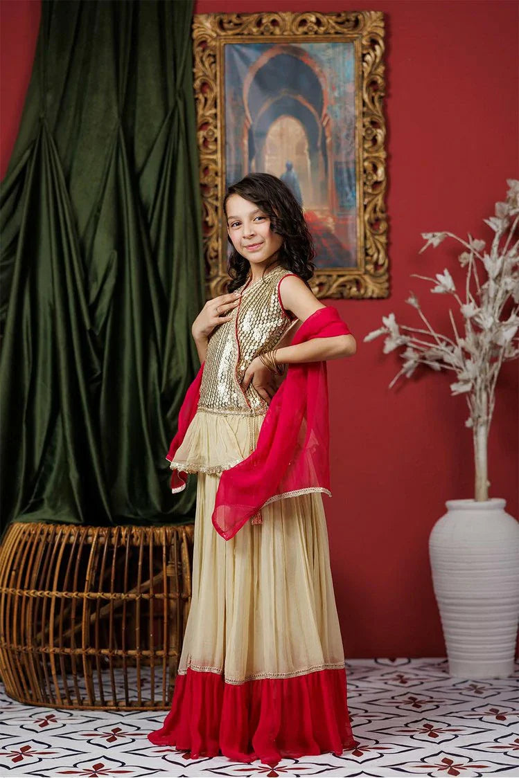 Picture of Kids formal clothes | Fawn & Shocking Pink | Formal 3 Piece Suit | Viscose Crinkle Chiffon | KDD-03066 - Available at Raja Sahib