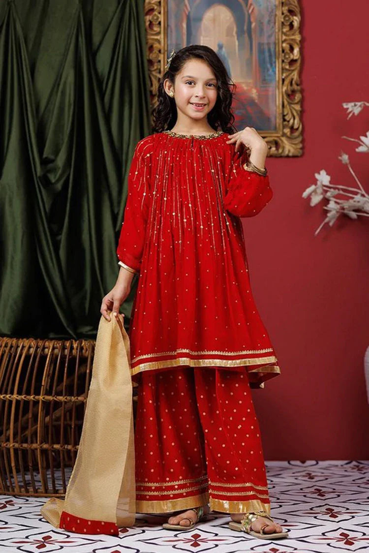 Picture of Kids formal clothes | Red & Gold | Formal 3 Piece Suit | Viscose Crinkle Chiffon | KDD-03068 - Available at Raja Sahib