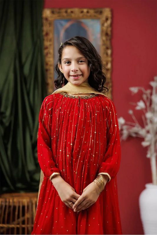 Kids formal clothes | Red & Gold | Formal 3 Piece Suit | Viscose Crinkle Chiffon | KDD-03068