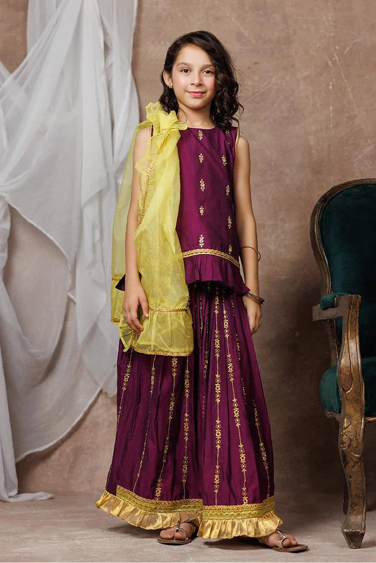 Picture of KDD-03069 | Purple & Gold | Formal 3 Piece Suit | Viscose Chambray Katan - Available at Raja Sahib