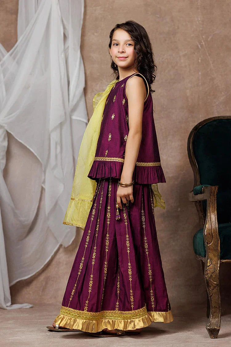 Picture of KDD-03069 | Purple & Gold | Formal 3 Piece Suit | Viscose Chambray Katan - Available at Raja Sahib