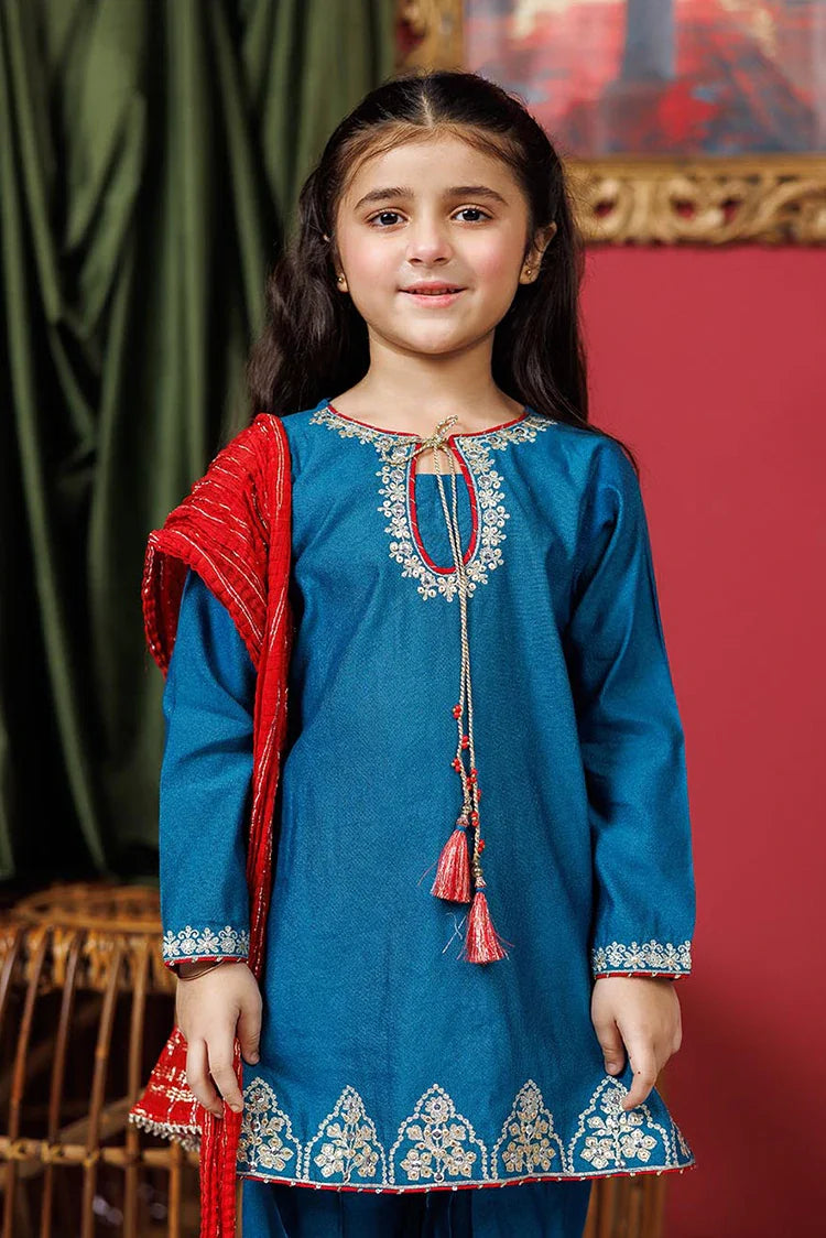 Picture of KDD-03071 | Turquoise Blue & Golden | Formal 3 Piece Suit | Viscose Chambray Katan - Available at Raja Sahib