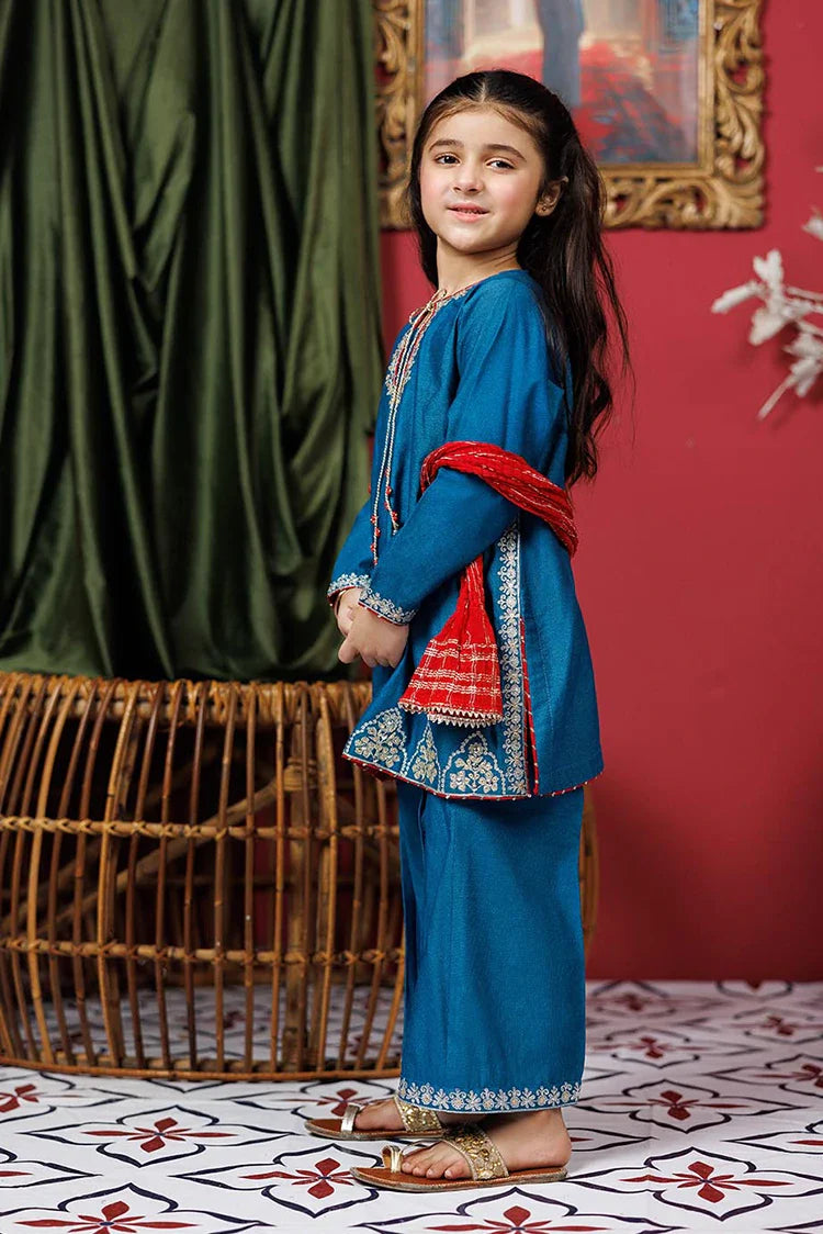 Picture of KDD-03071 | Turquoise Blue & Golden | Formal 3 Piece Suit | Viscose Chambray Katan - Available at Raja Sahib