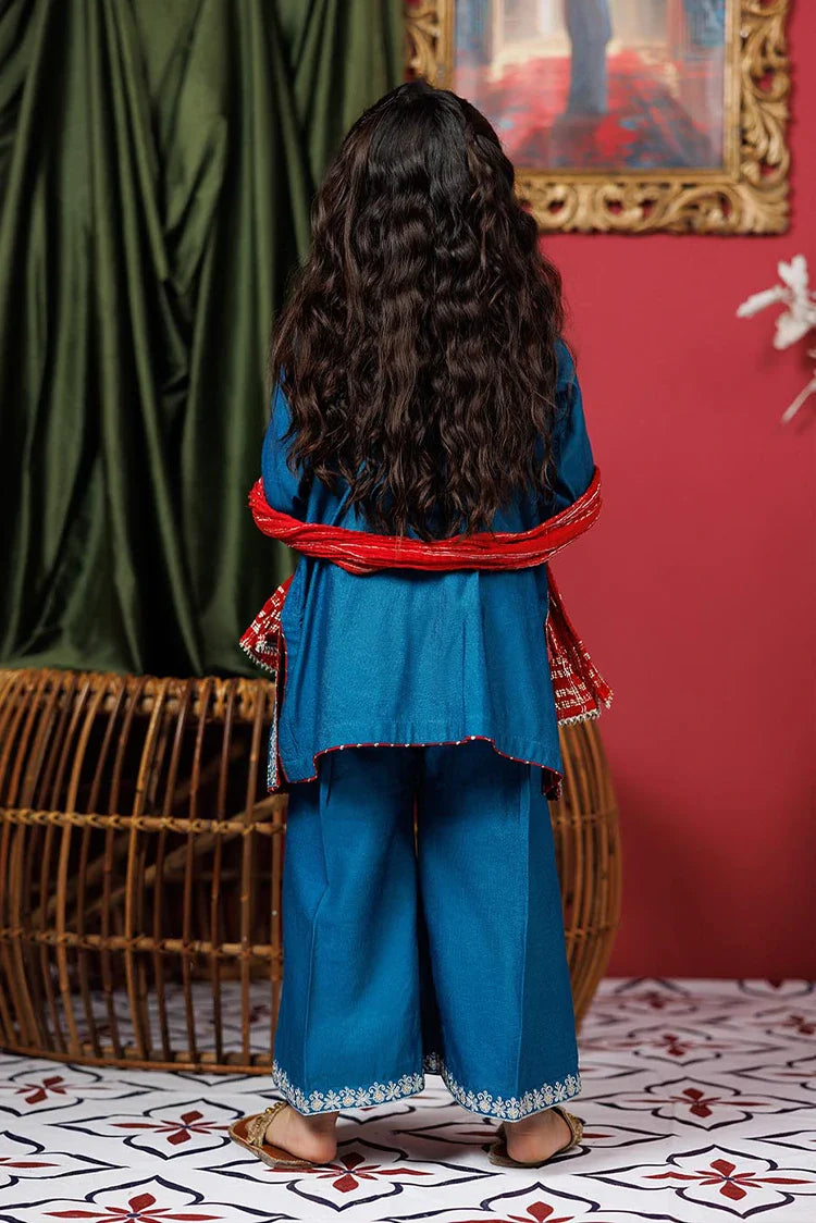 Picture of KDD-03071 | Turquoise Blue & Golden | Formal 3 Piece Suit | Viscose Chambray Katan - Available at Raja Sahib