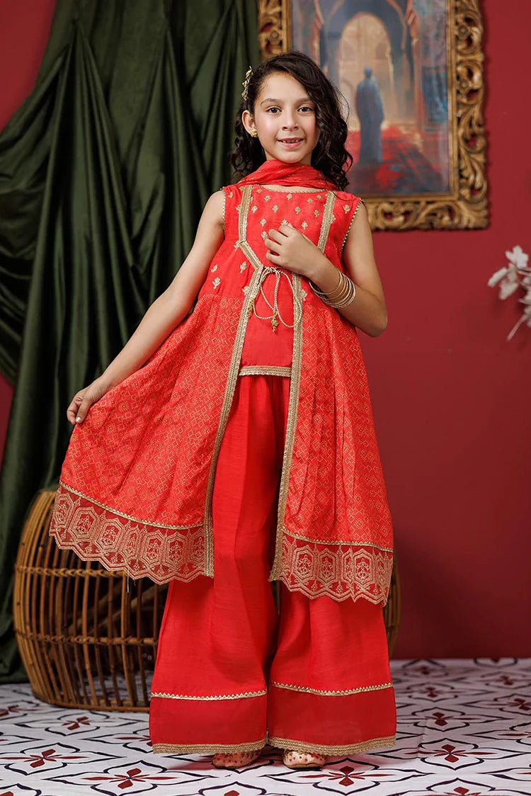 Picture of KDD-03072 | Dark Peach & Gold | Formal 3 Piece Suit | Viscose Raw-Silk - Available at Raja Sahib