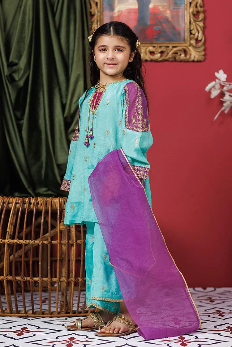 Picture of Kids formal clothes | Sea Green & Purple | Formal 3 Piece Suit | Viscose Raw-Silk | KDD-03073 - Available at Raja Sahib