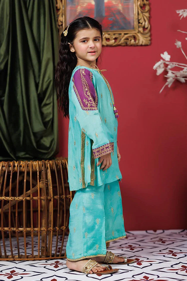 Picture of Kids formal clothes | Sea Green & Purple | Formal 3 Piece Suit | Viscose Raw-Silk | KDD-03073 - Available at Raja Sahib