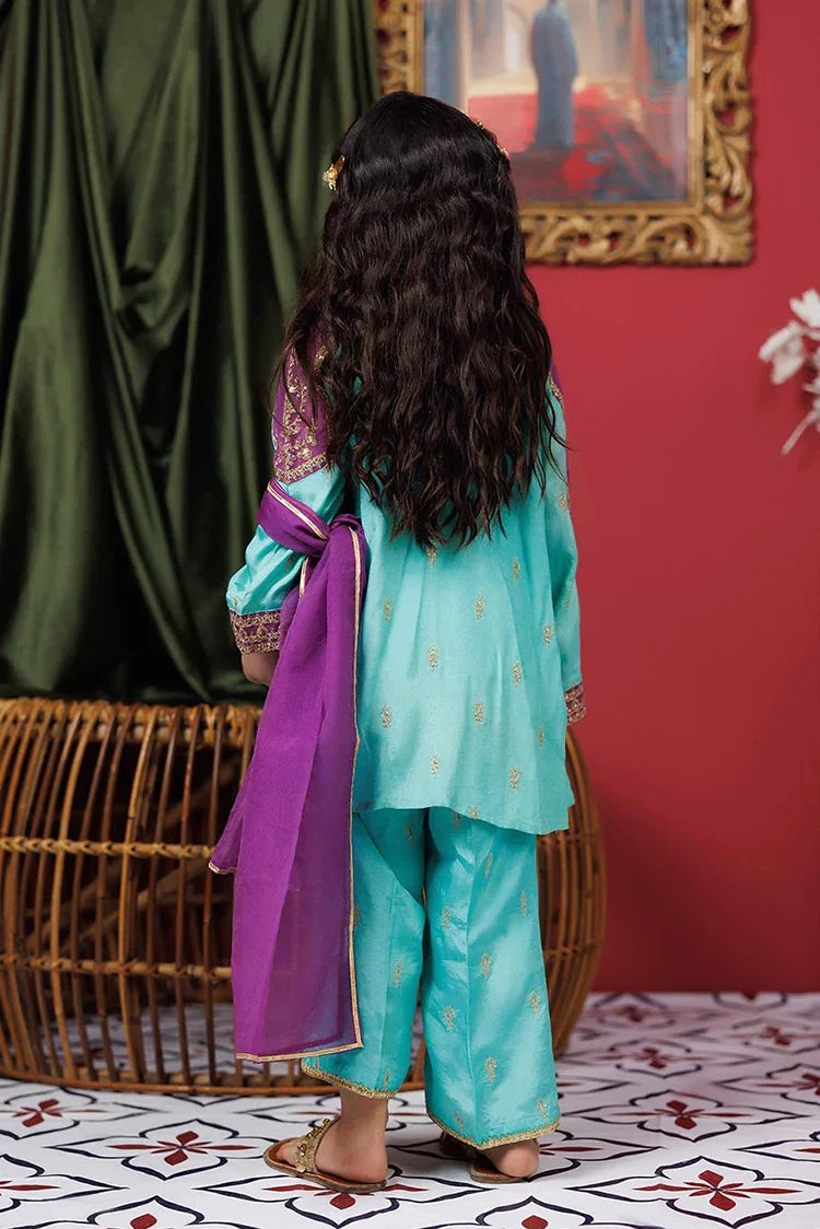 Picture of Kids formal clothes | Sea Green & Purple | Formal 3 Piece Suit | Viscose Raw-Silk | KDD-03073 - Available at Raja Sahib